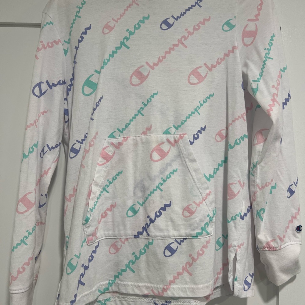 Champion Pastel Logo Print Long Sleeve Hooded Shirt